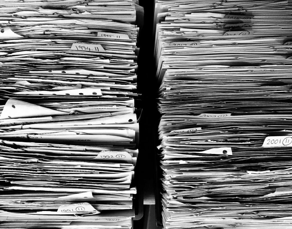 Stacks of paper files
